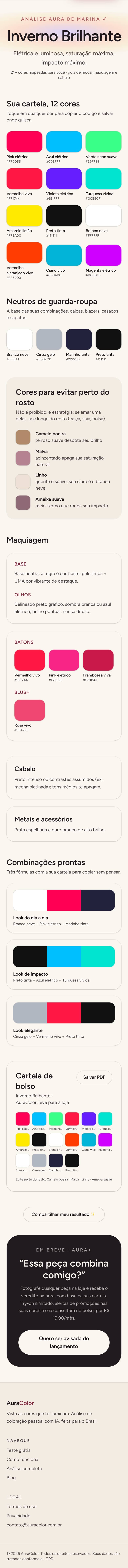 Relatório AuraColor real: estação Inverno Brilhante com cartela de cores, maquiagem e guia completo